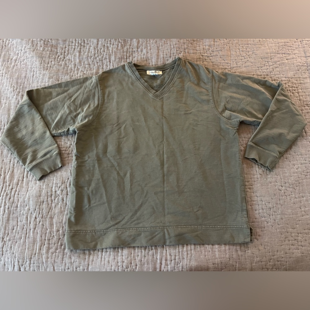 Vintage 90s Eddie Bauer Olive V-Neck Sweater 100% Cotton Outdoor Hiking Large